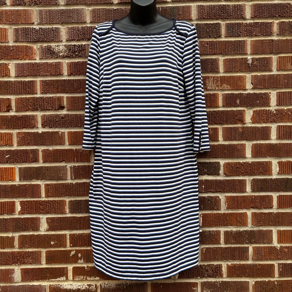 TALBOTS Sz Large Striped 3/4 Sleeve Nautical Shift Blue White Dress